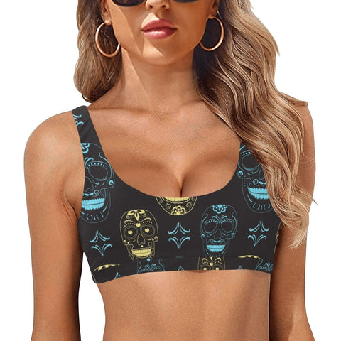 Skull Monochrome Gold Blue Black Sport Bikini Top