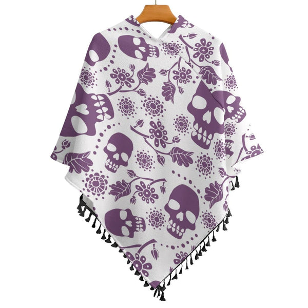 Women's Purple Skulls Knitted Cape With Fringed Edge