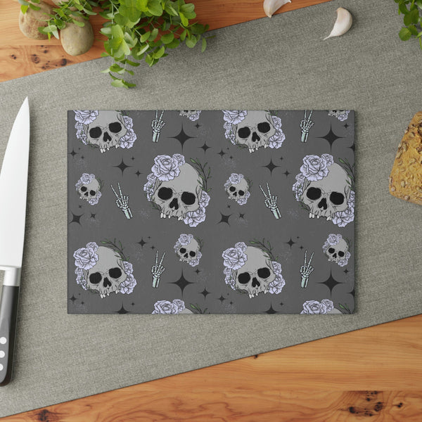 Skull Gray Floral Glass Cutting Board