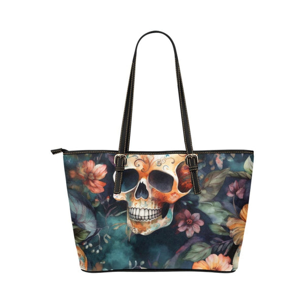 Skull Floral Brown Small Leather Tote Bag