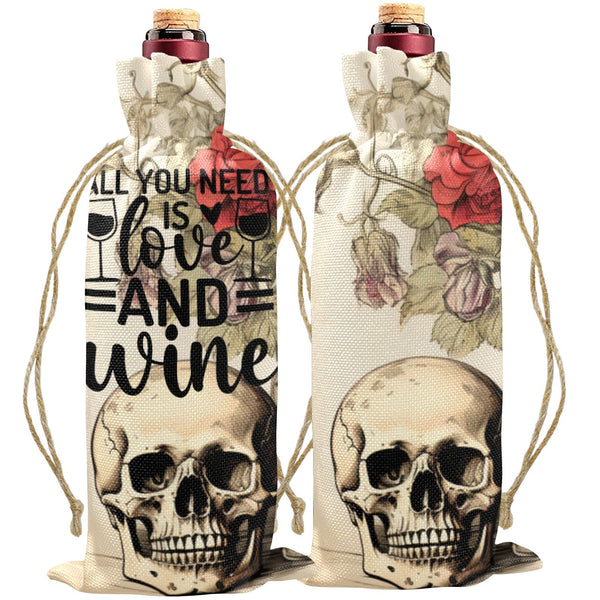 Skull & Roses All You Need Is Love And Wine Bag Linen Wine Bottle Bag