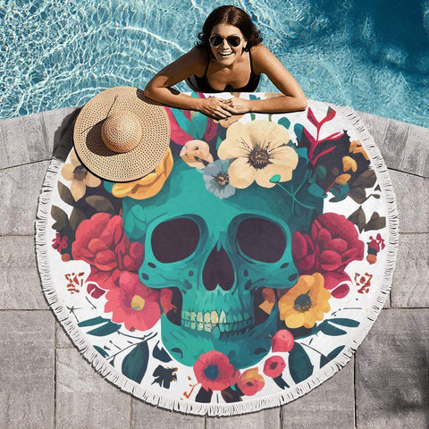 Blue Skull Floral Round Towel With Fringe Edge 59"x 59"