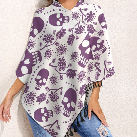 Women's Purple Skulls Knitted Cape With Fringed Edge