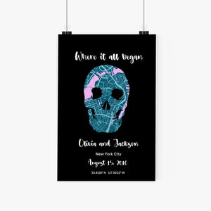 Where it all began - Blue Pink Skull Design Black Background