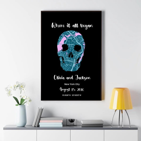 Where it all began - Blue Pink Skull Design Black Background