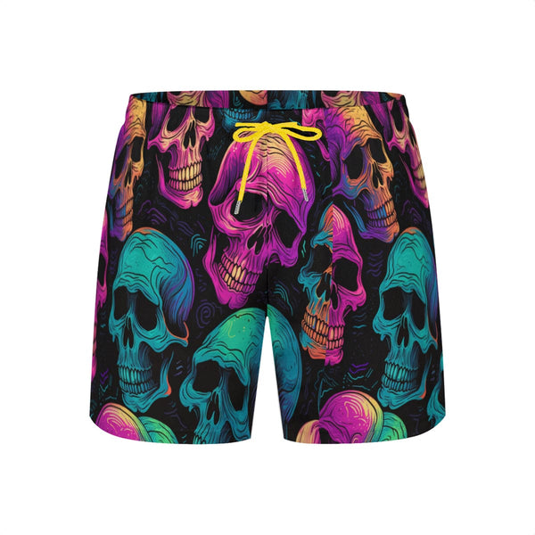 Bold and Striking Black Patterned Beach Shorts with Vibrant Skull Design