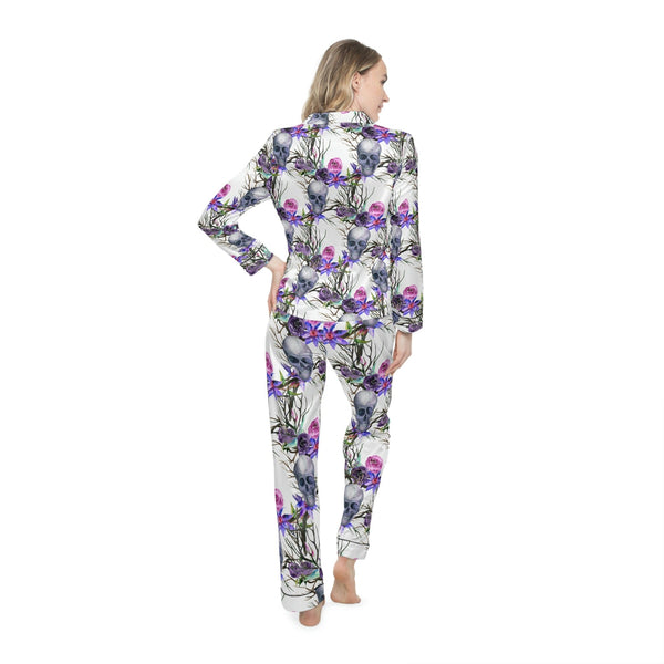 Women's Skull Purple Floral Satin Pajamas