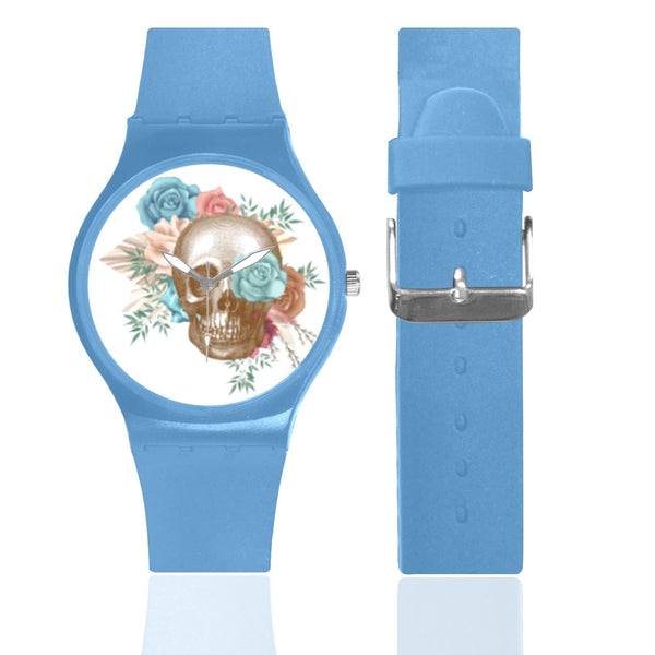 Boho Floral Skull Blue Band Unisex Round Rubber Sport Watch
