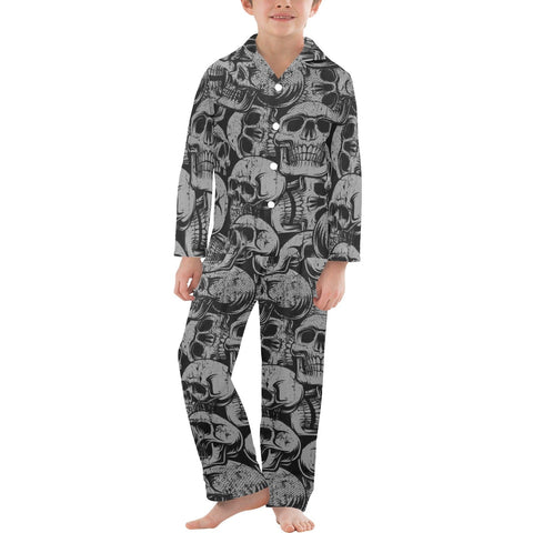 Black Skulls Big Boys V-Neck Long Pajama Set