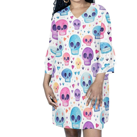 Women's Colorful Skulls Half Sleeves V-Neck Mini Dress