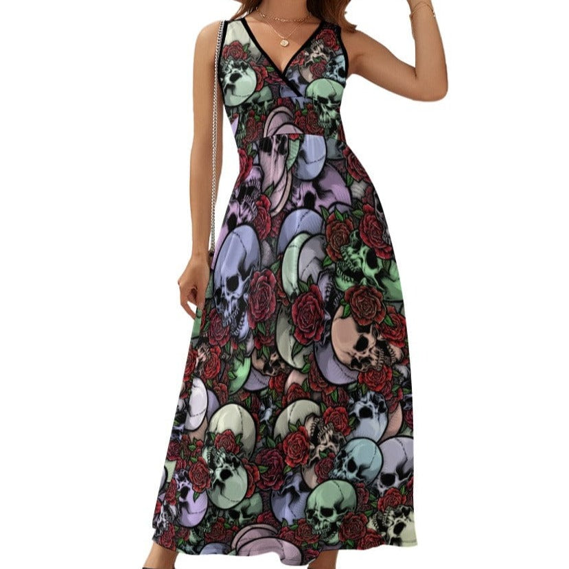 Ladies Skulls & Red Flowers Cross Front Sleeveless Dress S / White