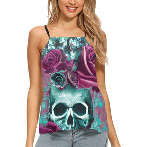 Women's Purple Floral Skull Print Halter Neck Tank Top