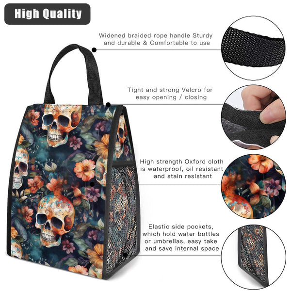 Brown Skull Flolral Insulated Lunch Bag With Side Mesh Pocket