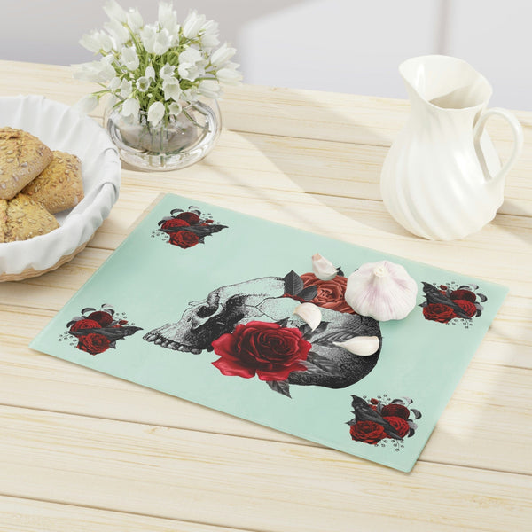 Gothic Skull Raven Red Roses Glass Cutting Board