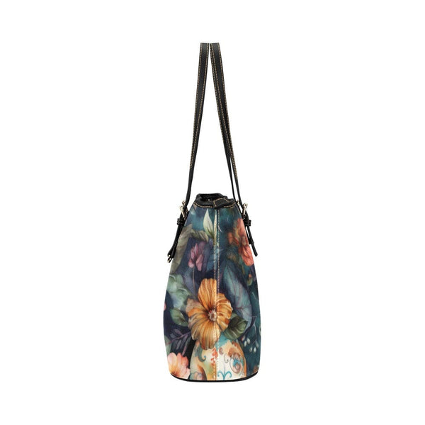 Skull Floral Brown Small Leather Tote Bag