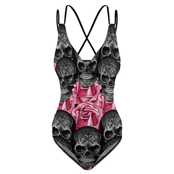 Women's Black Skulls Pink Flowers One-piece Swimsuit