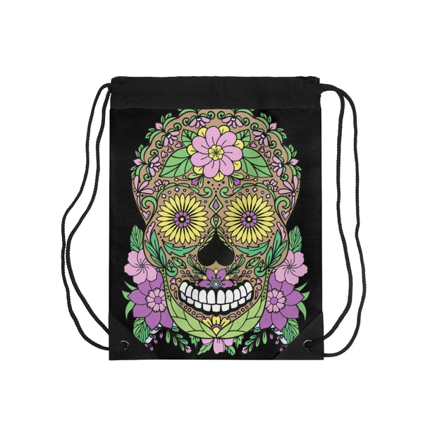 Skull Purple Floral Drawstring Bag