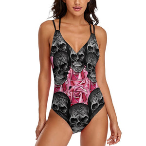 Women's Black Skulls Pink Flowers One-piece Swimsuit