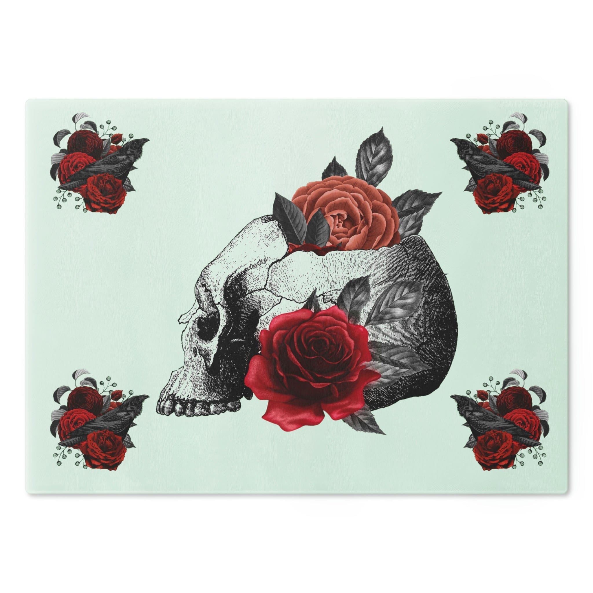 Gothic Skull Raven Red Roses Glass Cutting Board