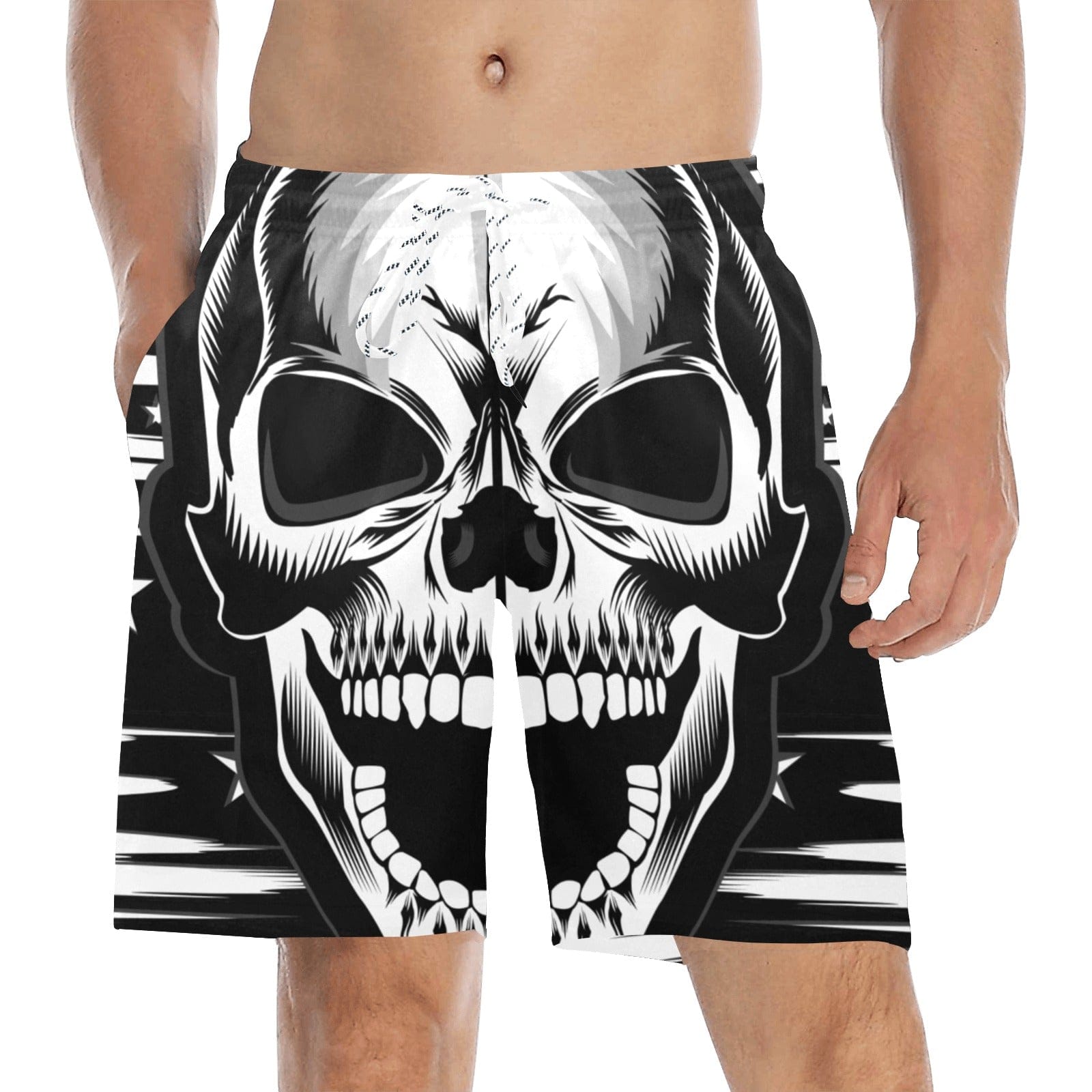 Black Screaming Skull Men's Mid-Length Beach Shorts