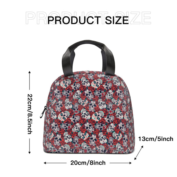 Red Skull Floral Canvas Handheld Insulated Lunch Bag With Side Pocket