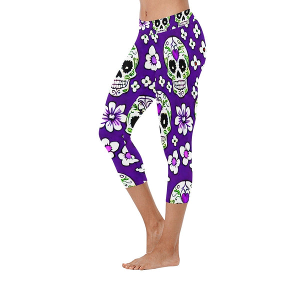 Look Creative & Chic In The Skull Floral Purple Women's Low Rise Capri Leggings