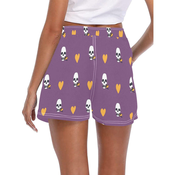 Purple Pattern Skull & Yellow Hearts Women's Casual Board Shorts