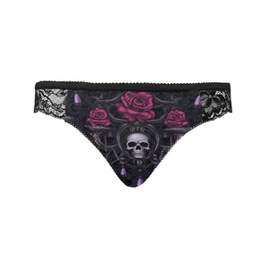 Gothic Skull With Dark Pink Flowers Lace Panties For Women