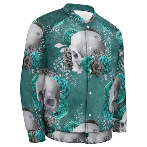 Turquoise Skull Print Baseball Jacket for Men