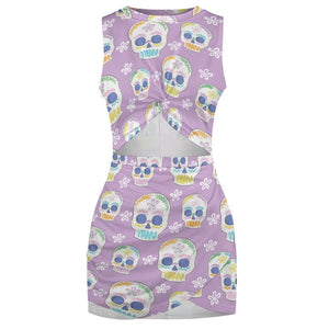 Purple Skull Print Navel-Baring Dress
