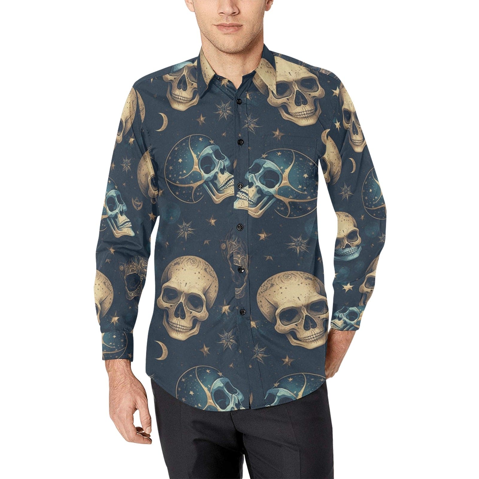 Men's Skulls On Black Long Sleeve Dress Shirt 3XL Men's Skulls On Black Long Sleeve Dress Shirt 3XL