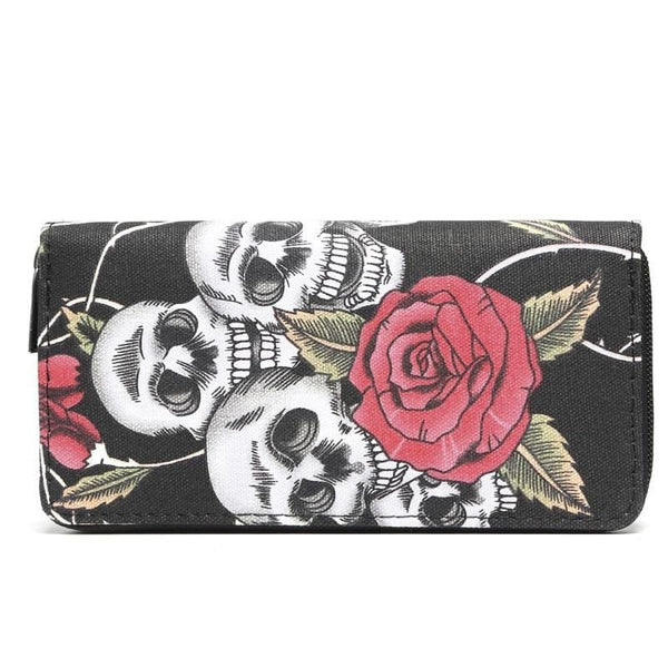 Large Size Canvas Long Skull and Rose Zipper Wallet