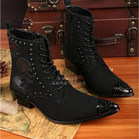 Black Designer Genuine Leather Military Ankle Skull Pattern Metal Head Boots