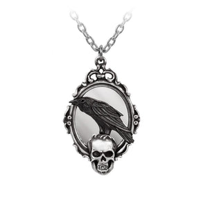 Black Raven Sitting On Skulls Head Mirror Pendant