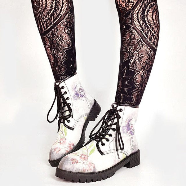 White Skull Short Print Chunky Heels Women's Trendy Casual Boots