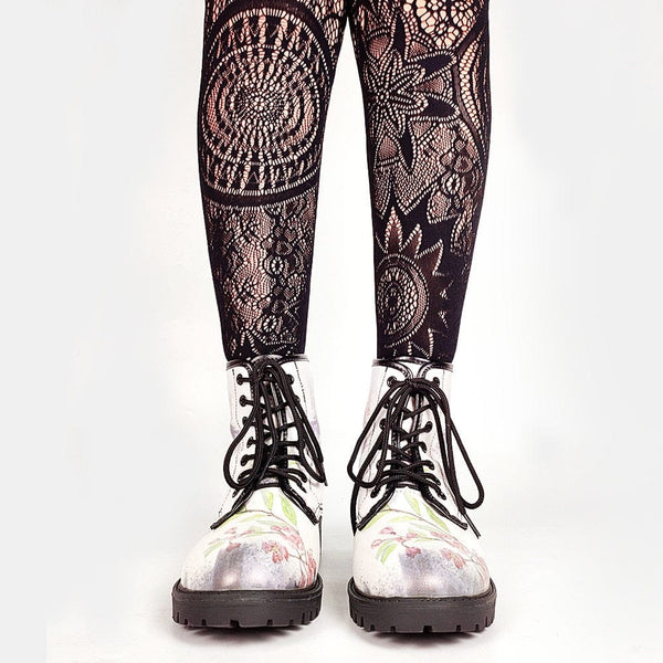 White Skull Short Print Chunky Heels Women's Trendy Casual Boots