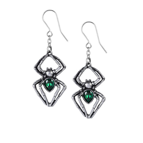 Antique Pewter Emerald Crystal Spider Earrings