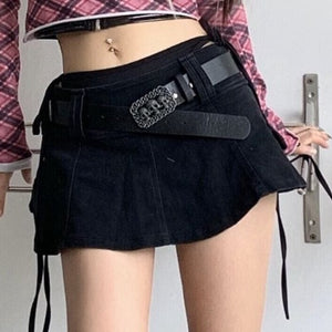 Low Waist Mini Solid Black Punk Denim Skirt