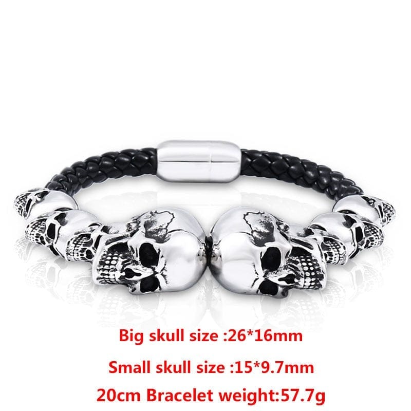 Two Big Four Small Skulls Stainless Steel Punk Leather Bracelet