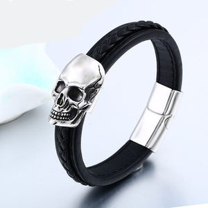 Smooth Skull Leather Stainless Steel Skull Bracelet