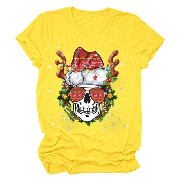 Women's Christmas Skull Head Print Short Sleeve T-shirt