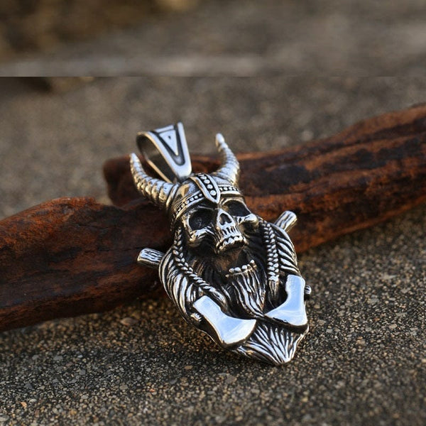 Vintage Viking Axe Warrior Skull Nordic Stainless Steel Pendant