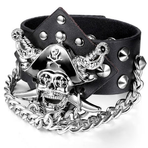 Pirate Skull Leather Rope Rivet Chain Bracelet