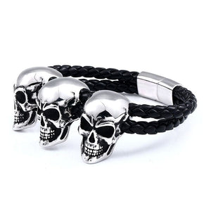 Triple Skull Stainless Steel Punk Leather Bracelet