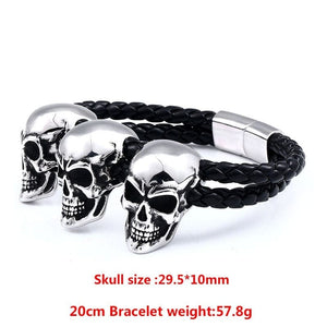 Triple Skull Stainless Steel Punk Leather Bracelet