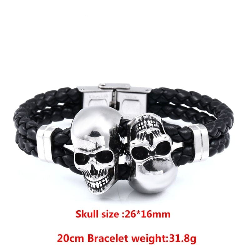 Double Skulls Stainless Steel Punk Leather Bracelet