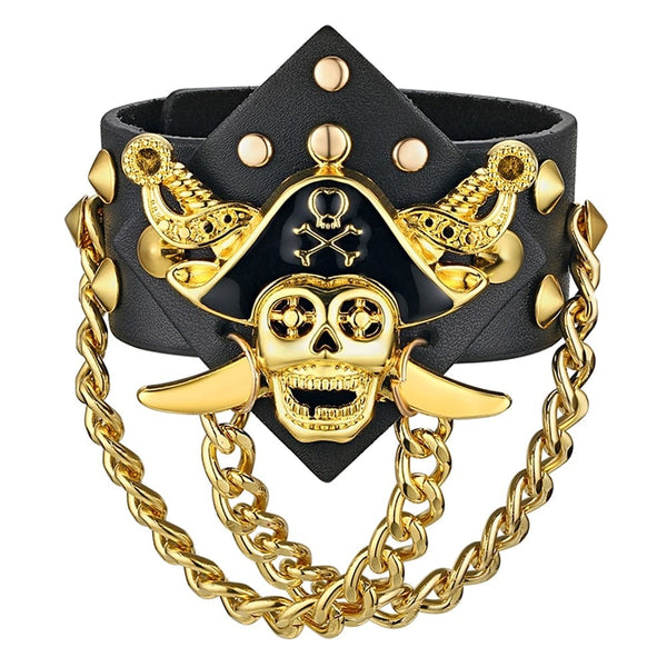 Pirate Skull Leather Rope Rivet Chain Bracelet