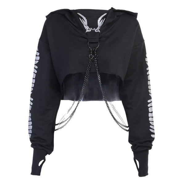 Gthic Reflective Print Crop Pullover With Detachable O-ring Chain Hoodie