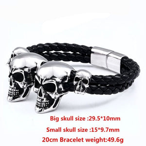 Two Big Two Small Skulls Stainless Steel Punk Leather Bracelet