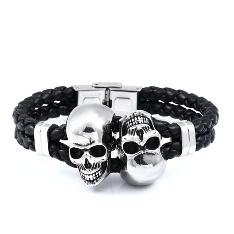 Double Skulls Stainless Steel Punk Leather Bracelet
